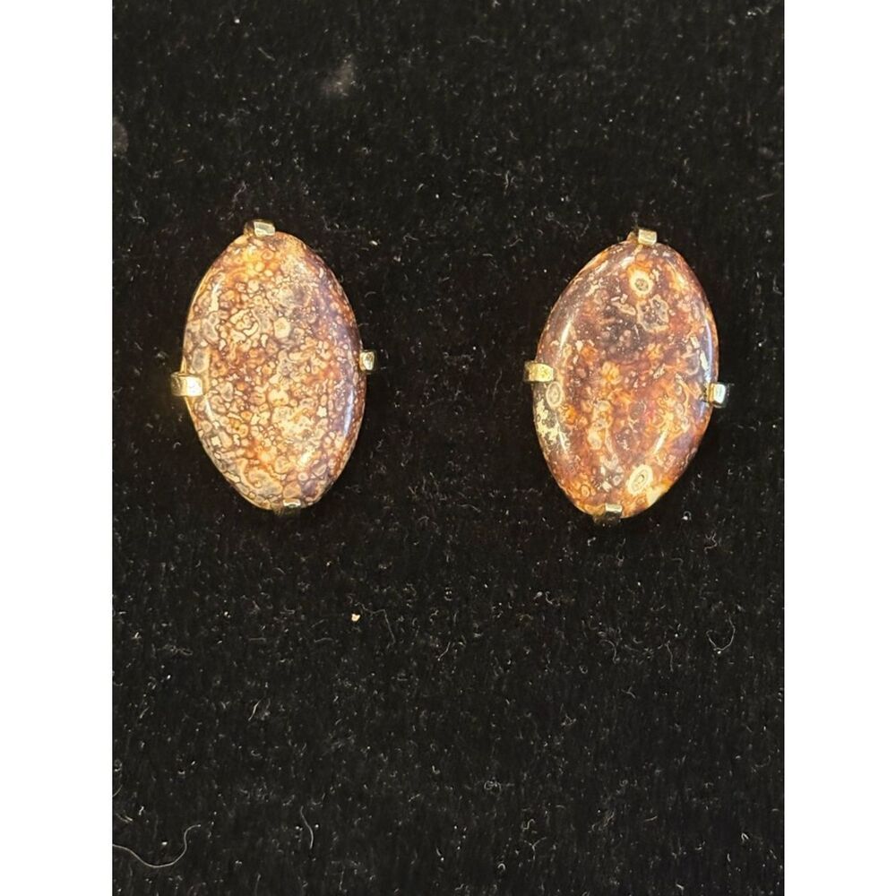 Vintage Signed Castlecliff Bronzite Cabachon Clip Earrings 1-1/4”